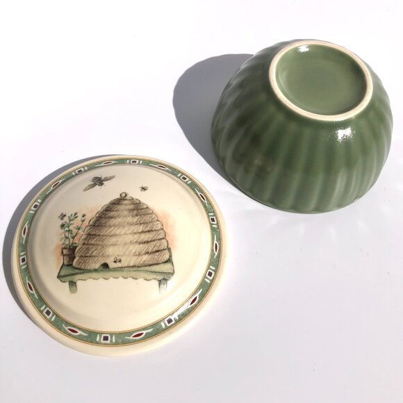 Pfaltzgraff Naturewood Votive Candle Bowl Trinket Dish Lid Beehive Bee Green 592 - Picture 9 of 16